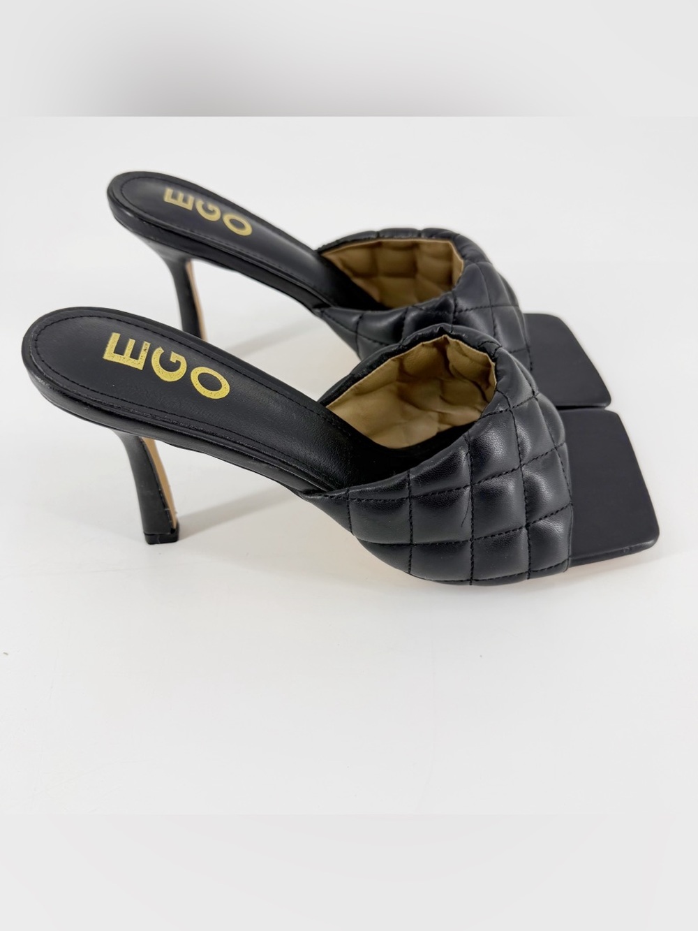 EGO Tropez Vegan Leather Quilted Square Open Toe Black Heels 9.5